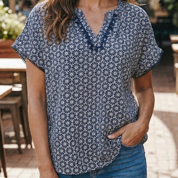 Tommy Hilfiger Tops - Tommy Hilfiger Navy Blue and White Flutter Sleeve Blouse-Embellished V-Neckline